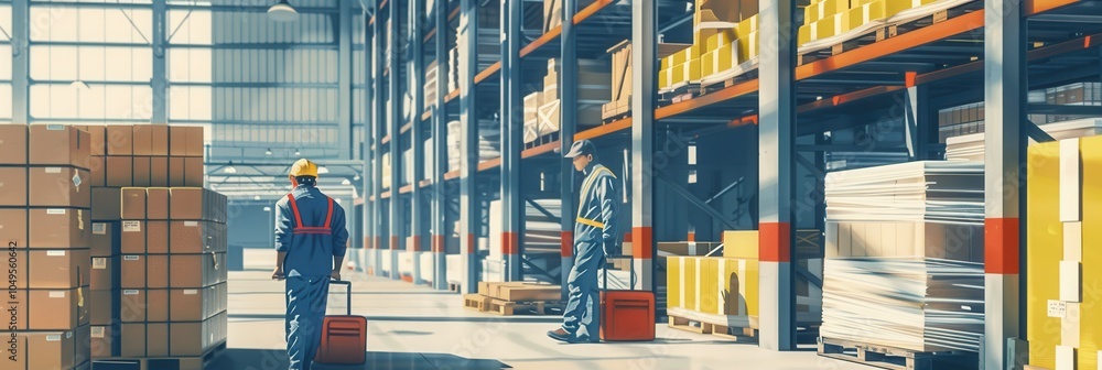 Poster Workers are transporting boxes and pallets in a warehouse lined with shelves stocked with diverse goods and materials. Generative AI
