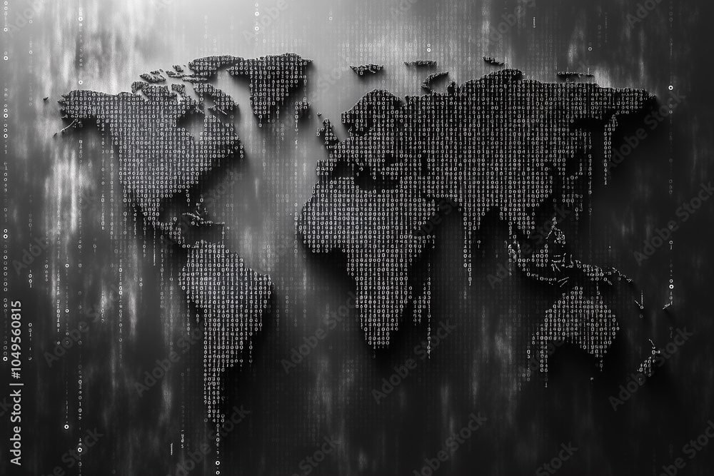 Poster A binary code world map reflects the intersection of technology and global communication in a dark, abstract style
