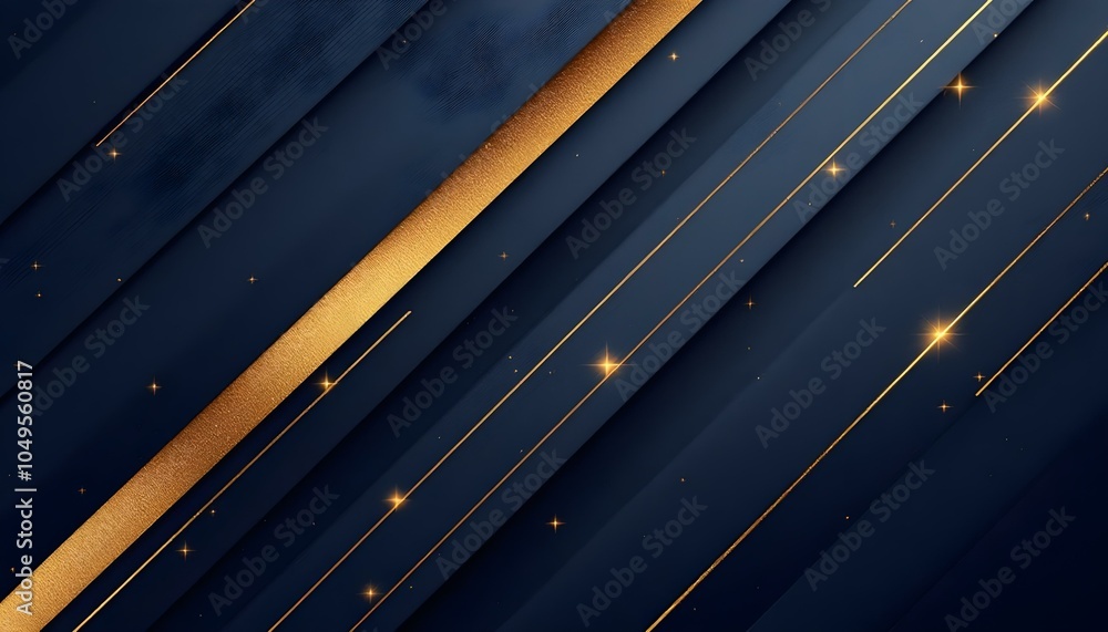 Poster Abstract template blue geometric diagonal background with golden line. Luxury style. Diagonal lines are in blue and dark shades and dynamic abstract pattern. Modern minimalist design. Blue background