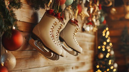 Ice skates hanging on a wooden wall next to holiday decorations