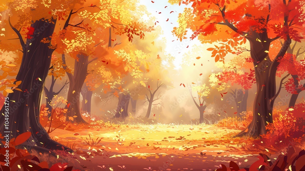 Aufkleber The forest glows with golden hues as vibrant fall leaves cascade from trees, creating a tranquil atmosphere under soft sunlight. Generative AI