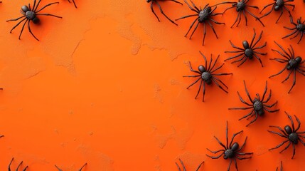 3D spiders crawl, 3D top view. Orange background. Scary, creepy. Halloween concept.
