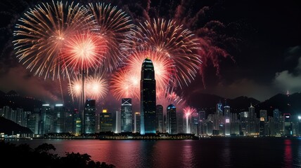 Naklejka premium Fireworks display over the city skyline at night.