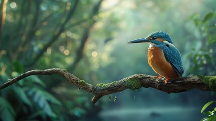 Fototapeta premium Photorealistic Kingfisher Perched on a tree branch against a blurry forest background