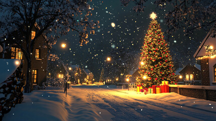 Snowy night scene with a decorated Christmas tree and festive lights in a small town