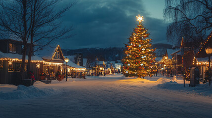Snowy night scene with a decorated Christmas tree and festive lights in a small town