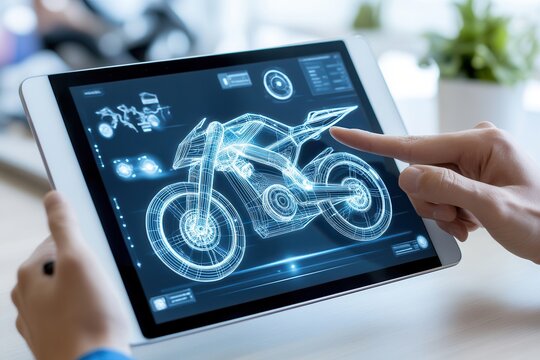 A person interacting with a digital tablet, showcasing a 3D motorcycle design and technical diagrams for innovative engineering.