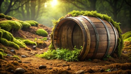 Obraz premium A whiskey barrel half-buried in the earth with vines and moss growing around it, wooden barrels, whiskey barrel, outdoor, botanicals