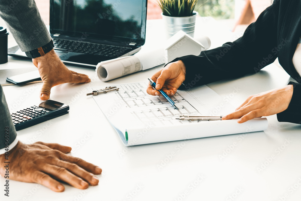 Poster architect and engineer working with construction drawing project on table in office. architecture an