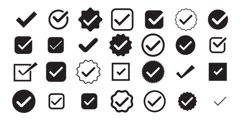 Fototapeta premium Check mark icons set. Black Tick badge set Account verification. Correct icons circle and square boxes label icons . Check mark vector label. elements isolated on white background.
