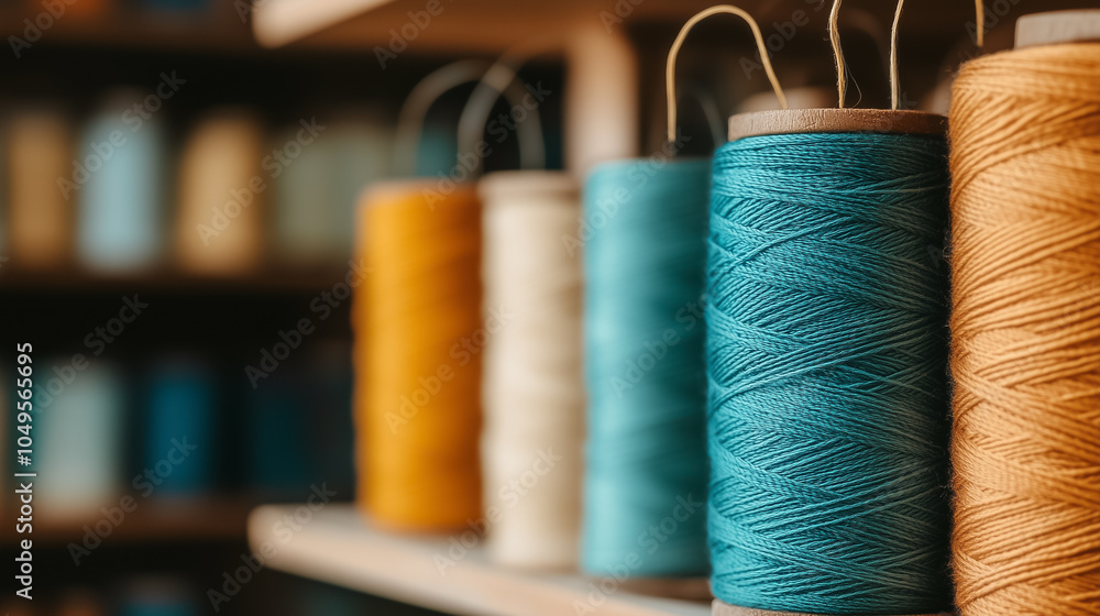 Poster a textile workshop features an array of colorful threads and fabrics ready for various crafting and 