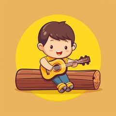 Naklejka premium boy is playing guitar on yellow background