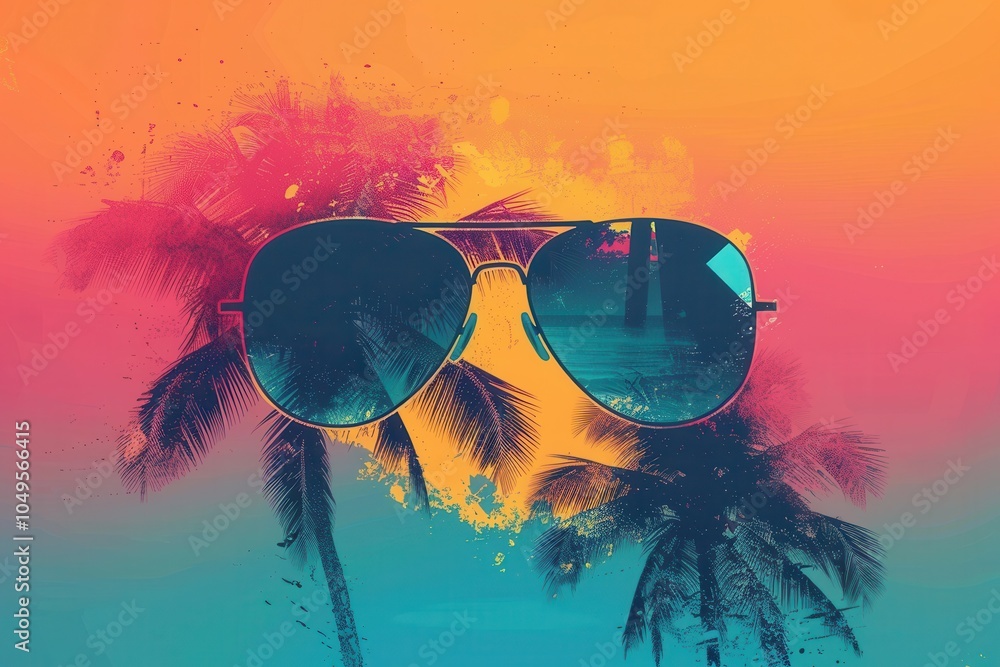 Poster the bright silhouette of sunglasses contrasts with a colorful beach backdrop featuring palm trees un