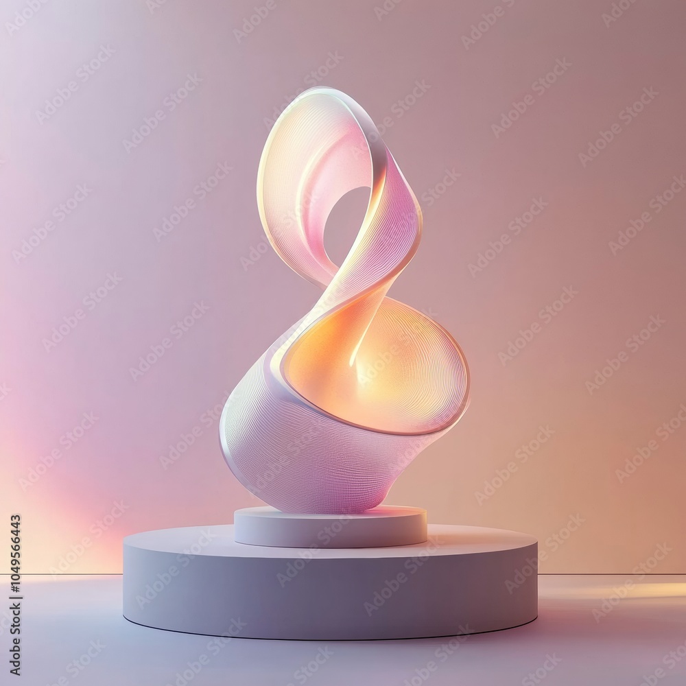 Poster a three-dimensional abstract sculpture in a futuristic design, standing on a minimalistic stage with