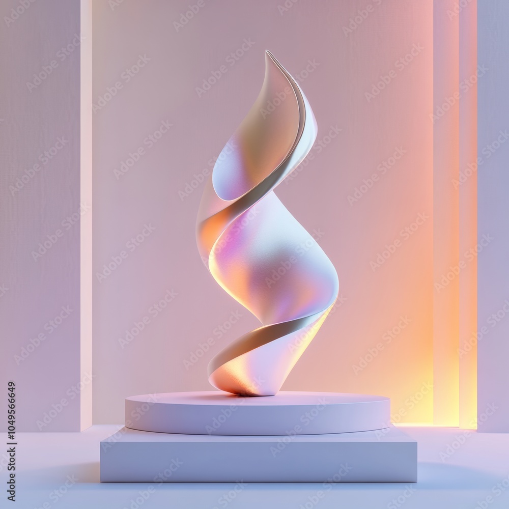 Poster a three-dimensional abstract sculpture in a futuristic design, standing on a minimalistic stage with