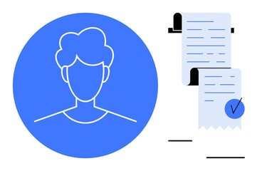 Circle with a basic human avatar on the left and two documents with a checkmark on the right. Ideal for identification, verification, approval processes, personal account creation, administrative