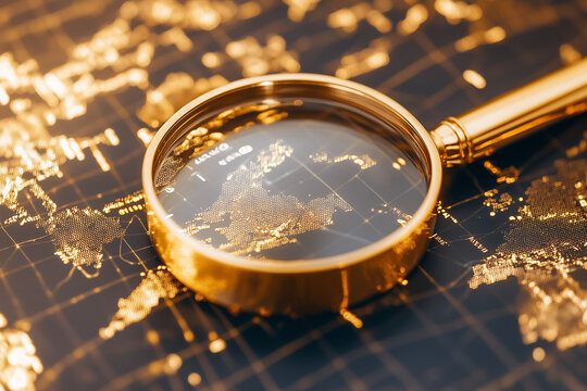 The magnifying glass focuses on specific regions of a world map, emphasizing details and geography
