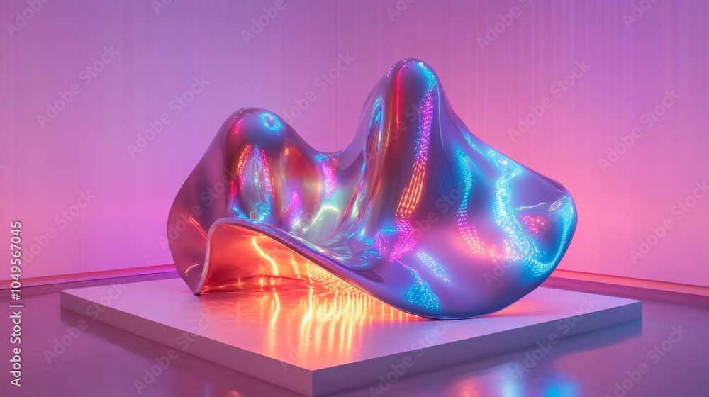 Poster a unique three-dimensional shape on a clean surface, surrounded by colorful lights, perfect for a li