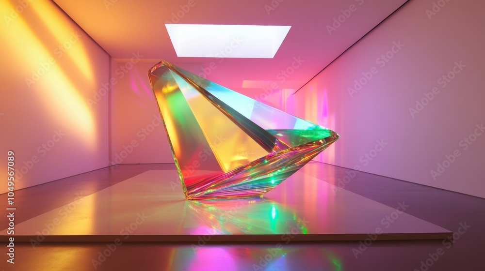 Poster a unique three-dimensional shape on a clean surface, surrounded by colorful lights, perfect for a li