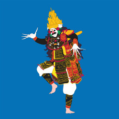 Traditional Balinese jauk durga dance of a man disguised with a white background.