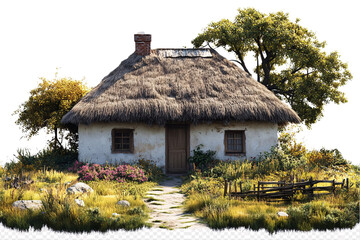 A quaint thatched-roof cottage surrounded by lush greenery and a garden, exuding a charming rural atmosphere.