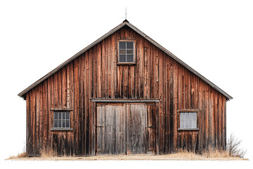 A rustic wooden barn with a sloped roof and weathered appearance, set against a transparent background, showcasing its vintage charm and character.