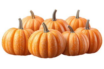 Obraz premium A group of six vibrant orange pumpkins with ridged skin and sturdy green stems, set against a transparent background, highlighting their bright color.