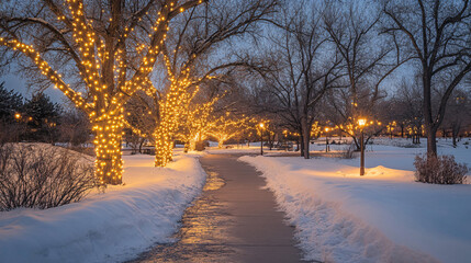 Snow-covered pathway leading through a park with bare trees and holiday lights