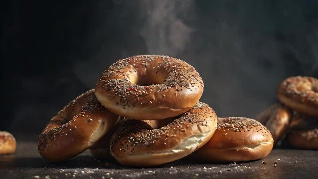 Closeup of Turkish simit bagel with sesame seeds on black background. Generative AI