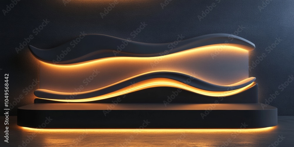 Poster an abstract podium with a wavy design, illuminated by ambient lighting, creating a lively atmosphere