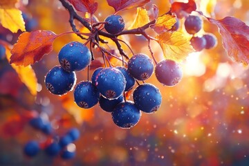 Autumn Harvest: Vibrant Chokeberry Fruits on Bush Branch in Garden