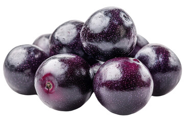 Obraz premium A vibrant pile of dark purple plums against a transparent background, showcasing their glossy skin and fresh appearance.