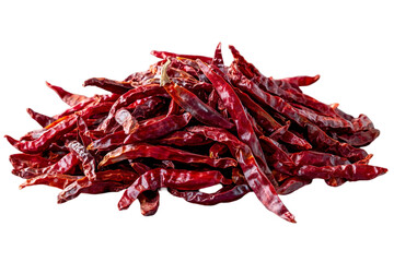 Obraz premium A vibrant pile of dried red chili peppers against a transparent background, showcasing their rich color and unique texture.
