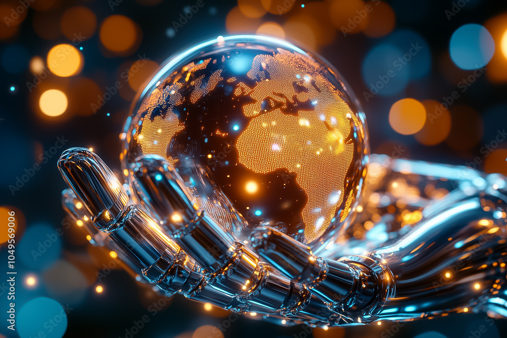 Poster a robotic hand approaches a luminous digital globe, symbolizing technology's connection to the world