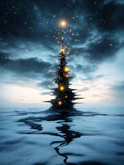 Obraz premium mystical tree rises from frozen landscape, adorned with glowing lights that twinkle against dramatic sky. scene evokes sense of wonder and enchantment
