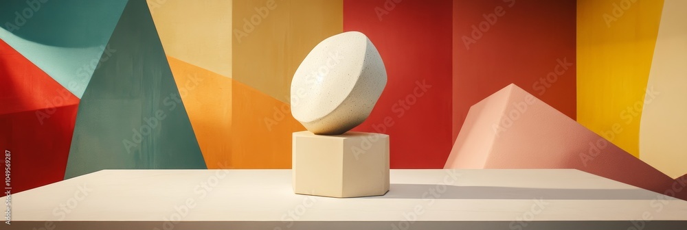 Aufkleber an abstract three-dimensional sculpture on a clean surface, surrounded by colorful geometric shapes,
