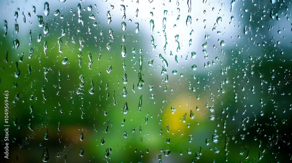 Poster a close-up view of raindrops on a glass window, with blurred greenery in the background, creating a 