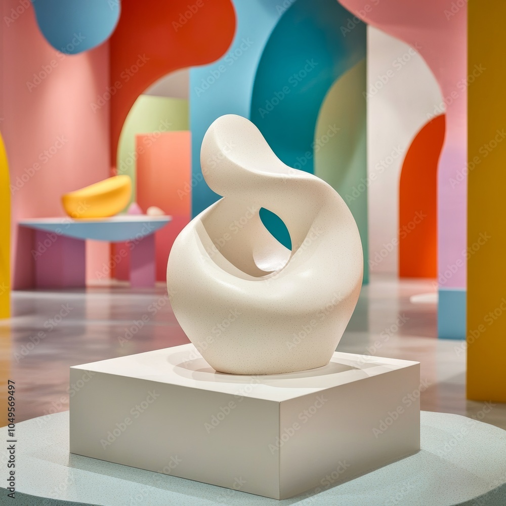 Poster an abstract three-dimensional sculpture on a smooth surface, surrounded by colorful geometric shapes