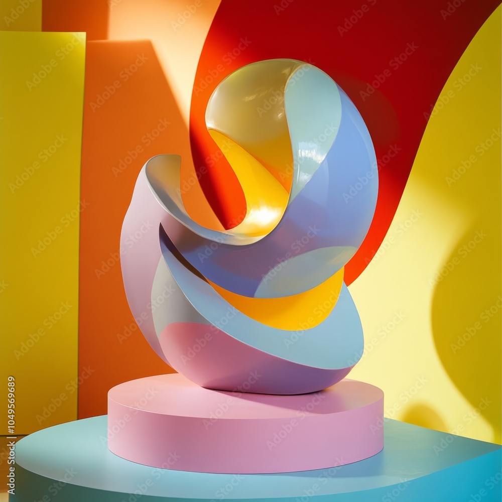 Poster an abstract three-dimensional sculpture on a smooth surface, surrounded by colorful geometric shapes