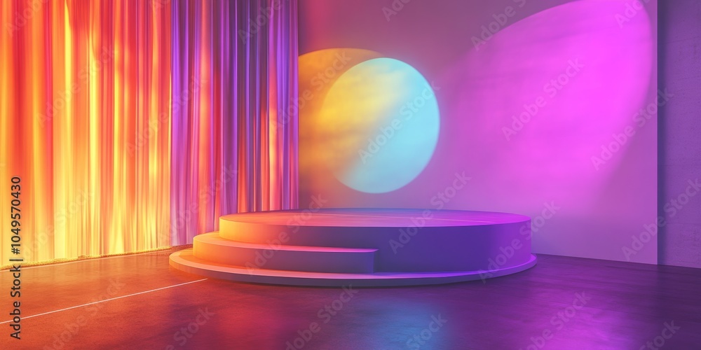 Poster an artistic podium with a vibrant color palette, illuminated by dynamic lighting, creating a lively 