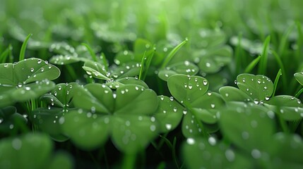 Dewy Clover Field: Natural Grass Texture with Shamrock Background - Wide Banner
