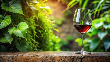 A glass of wine poured into a elegant wine glass placed on a decorative stone surface with greenery around, glass, wine club subscription, wine glass, greenery