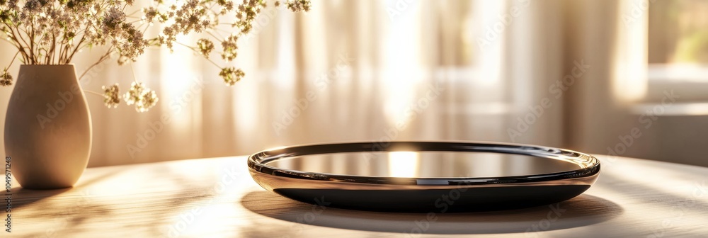 Poster an elegant circular display featuring a shiny surface, set against a soft background, enhancing its 