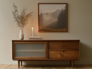 Japandi-style sideboard with clean, natural wood and minimalist design, featuring two seamless drawers and three cabinet doors with soft beige frosted glass panels
