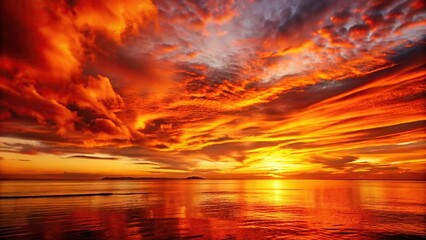 A fiery blaze of oranges and reds illuminates the horizon as a breathtaking sunset transforms the sky into a kaleidoscope of color, colorful landscape, orange hues, atmospheric effects, fiery sunsets