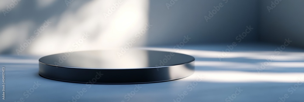 Poster an elegant circular display featuring a shiny surface, set against a soft background, enhancing its 