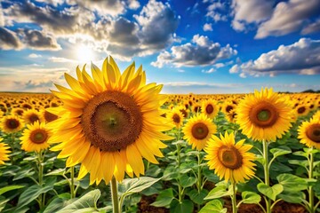 Fototapeta premium A field of bright yellow sunflowers stretching towards the sky with gentle petals, nature, radiant, green