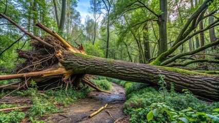 A fallen tree lies on its side in a dense thicket of underbrush after a storm, erosion, nature, weather, landscape