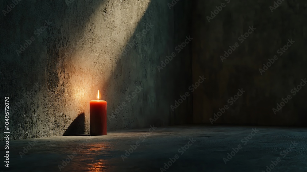 Poster a solitary red candle casts a warm glow in a dim, textured corner, creating an atmosphere of calm an