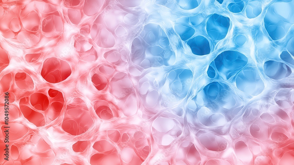 Poster abstract image featuring a vibrant interplay of red and blue textures, resembling bubbles or cells, 